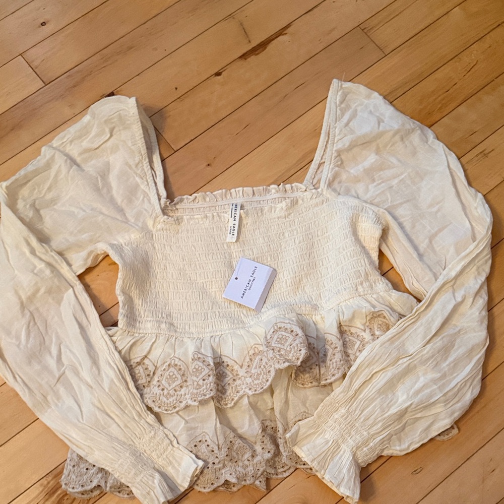 American Eagle Outfitters Cream Smocked Top